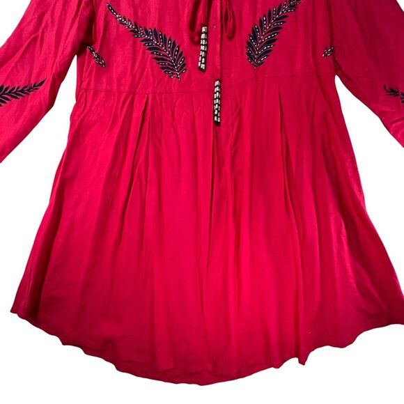 Zola Orange Red Boho Tunic Top Dress Leaf Print Embroidery Accents Beaded Tie - Picture 4 of 11
